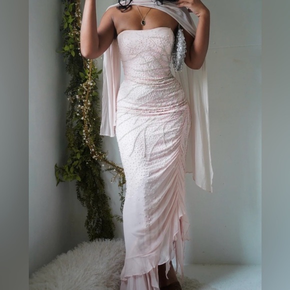 Vintage Dresses & Skirts - Vintage 100% Silk Beaded Dress Vintage Beaded Dress Pink Strapless Prom Fairy